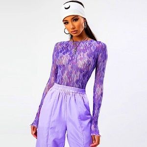 Purple flames mesh sheer long sleeve top